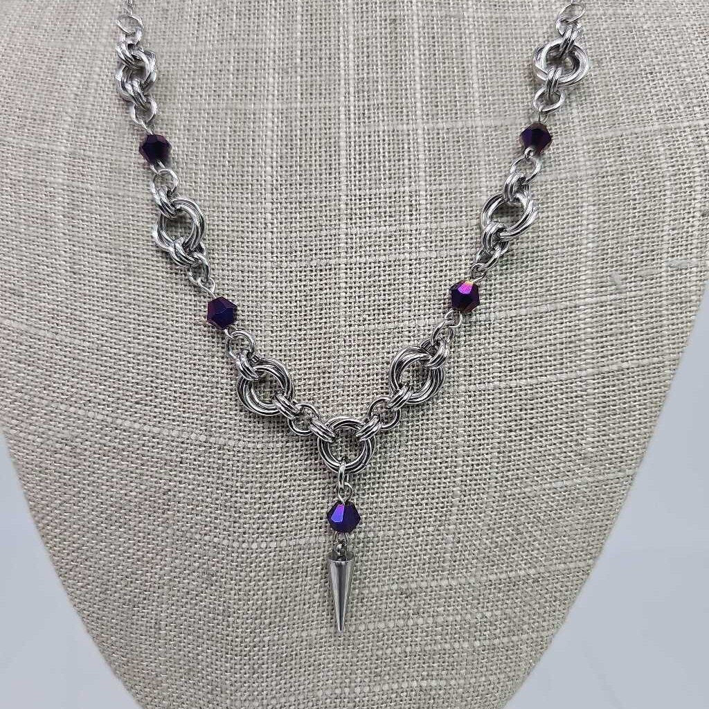 Stainless Steel Mobius with Purple Beads and Spike 16-18 inches long