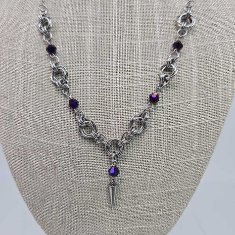 Stainless Steel Mobius with Purple Beads and Spike 16-18 inches long