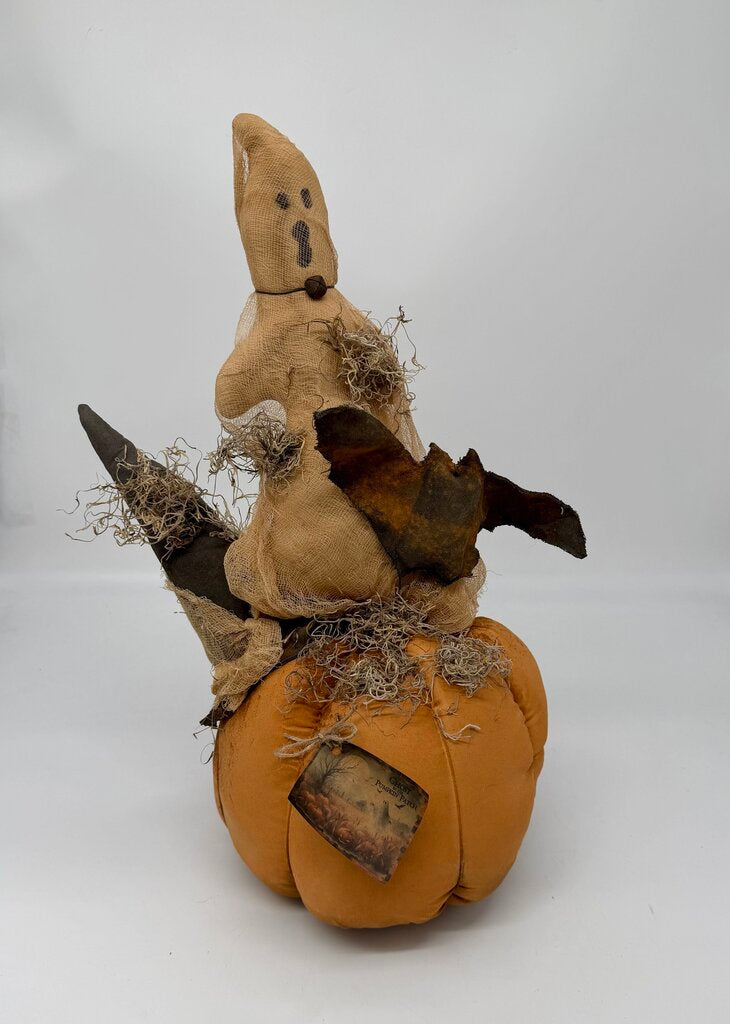 Ghost on Pumpkin w/ bat, witch hat