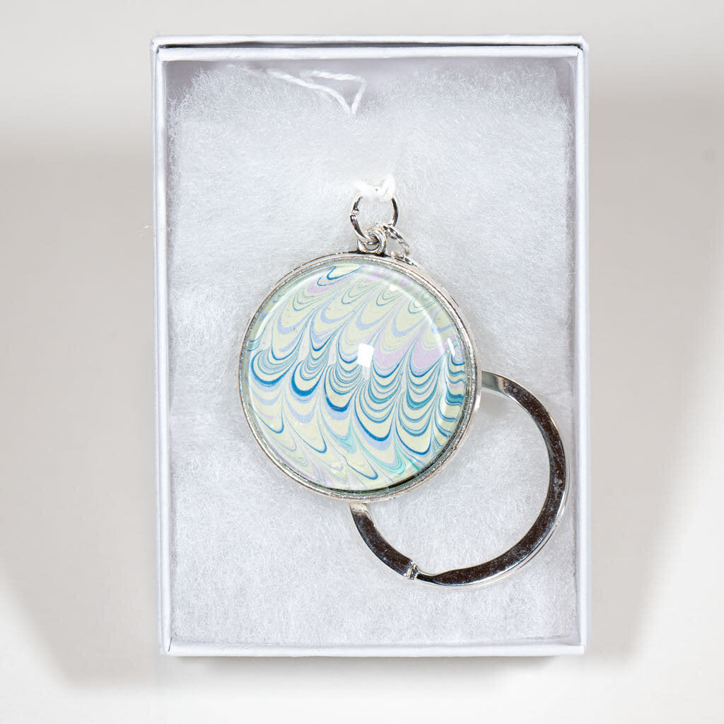 1.25" Round Keychain - Gift Box- Blue white teal green