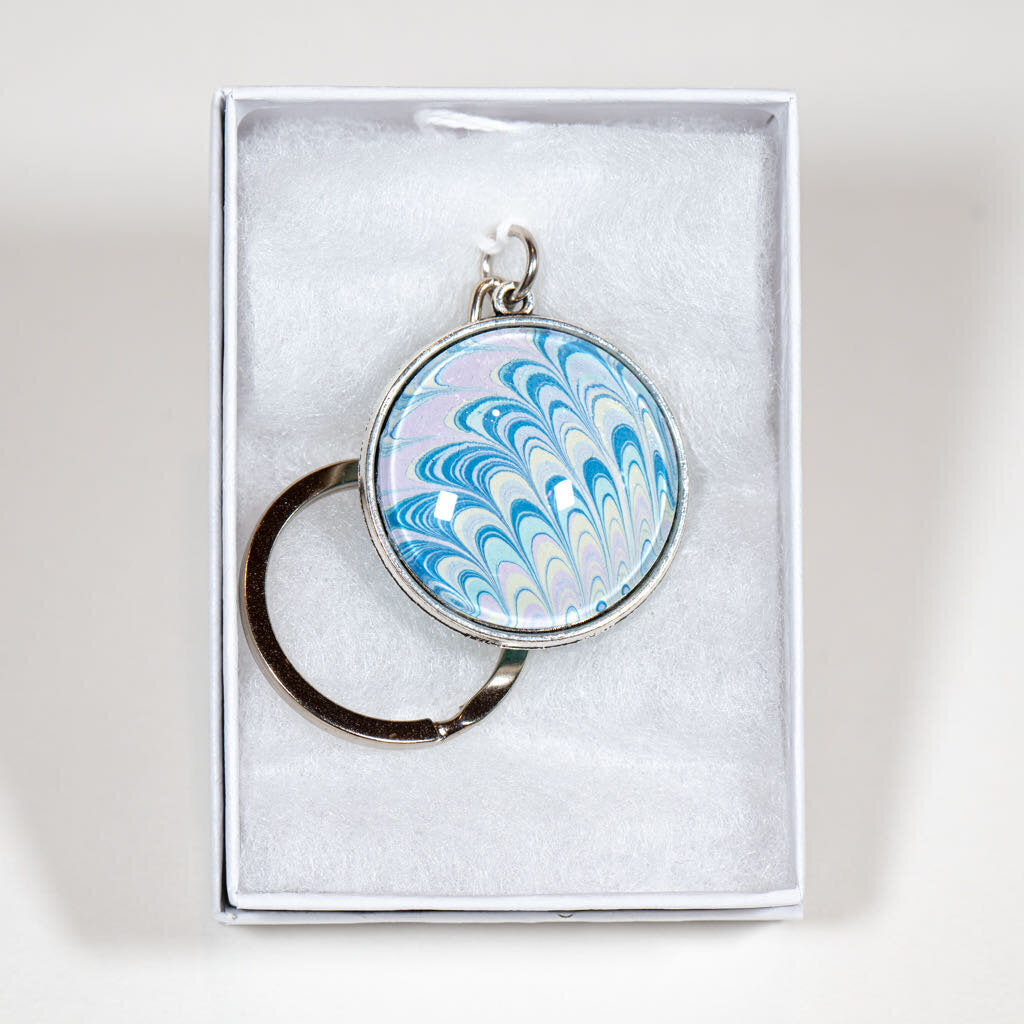 1.25" Round Keychain - Gift Box- Blue white teal green