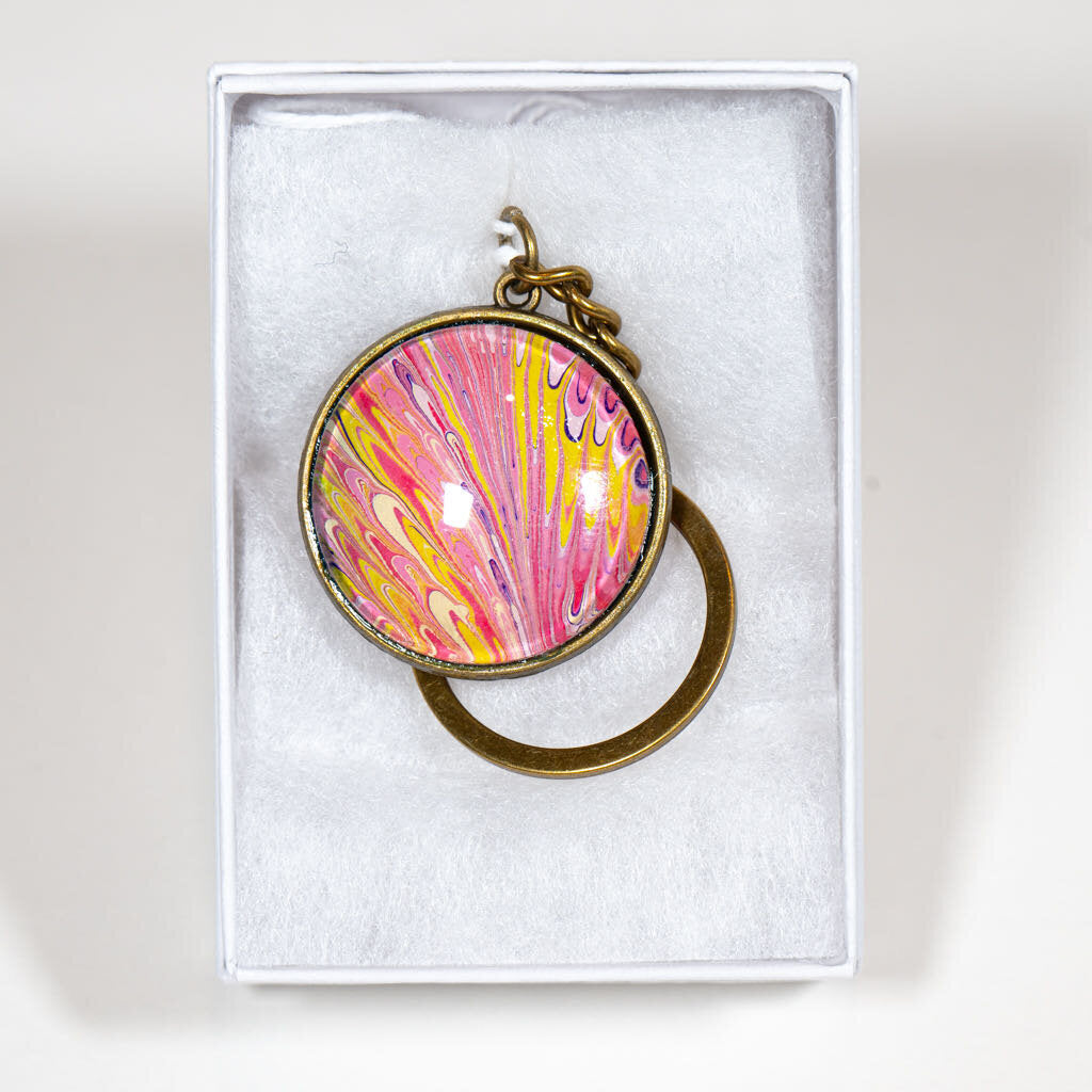 1.25" Round Keychain - Gift Box - pink, yellow, white purple