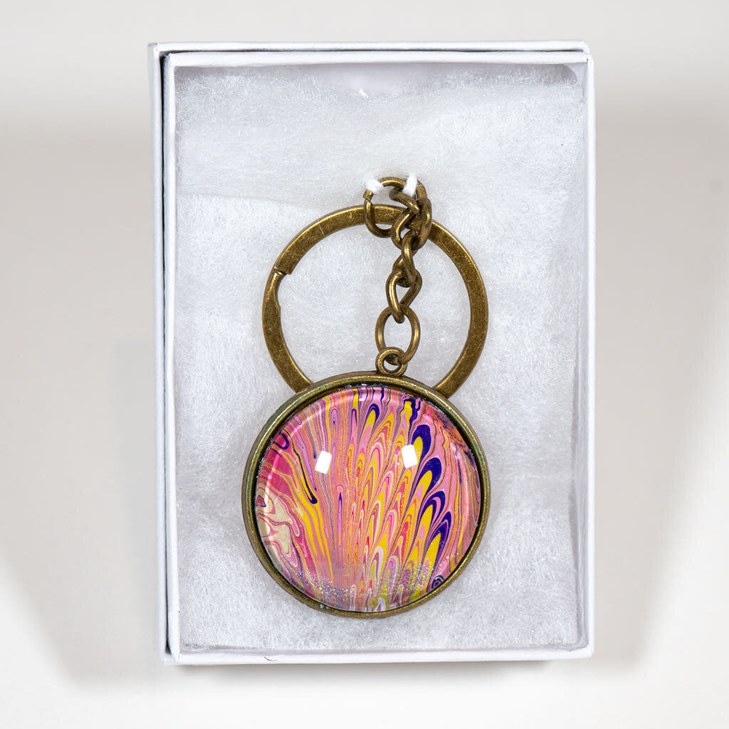 1.25" Round Keychain - Gift Box - pink, yellow, white purple