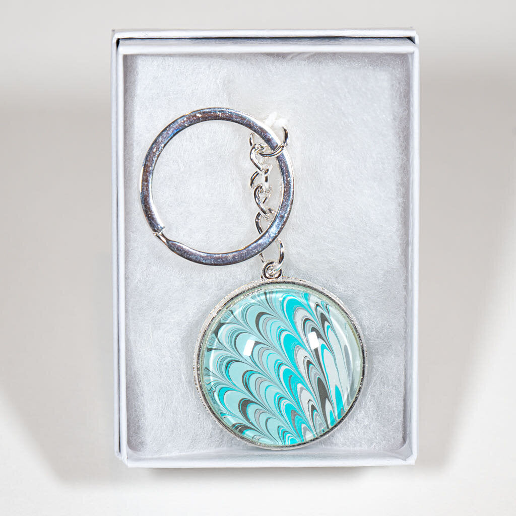 1.25" Round Keychain - Gift Box - teal white gray