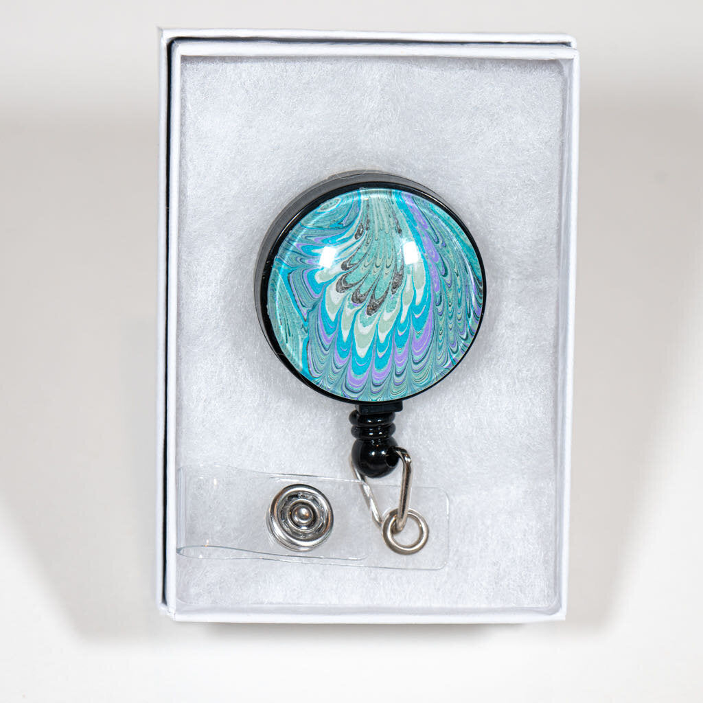 1.25" Badge Reel - Gift Box - blue green lavender white