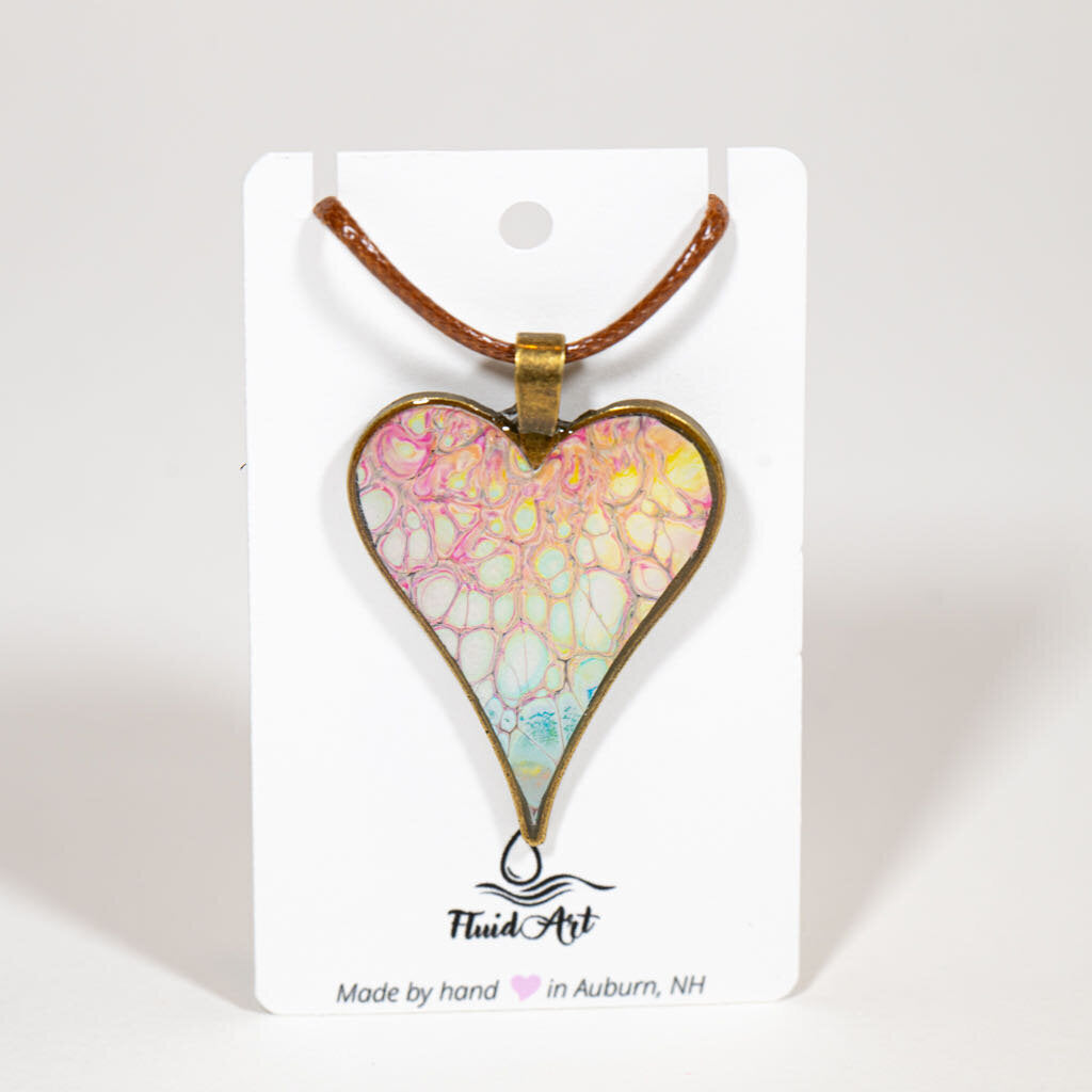 Large Heart Fluid Art Necklace - Gold light green peach, Brown chain