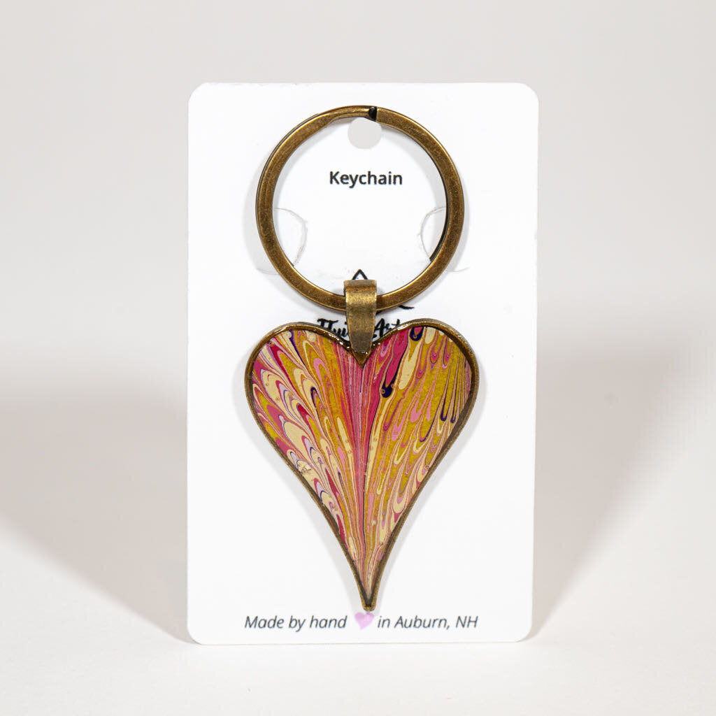 Large Heart Keychain - pink, yellow earth tone, Brown chain