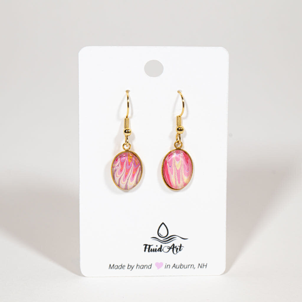 Oval 1 3/8 x 3/8" Drop Earrings - pink white on gold