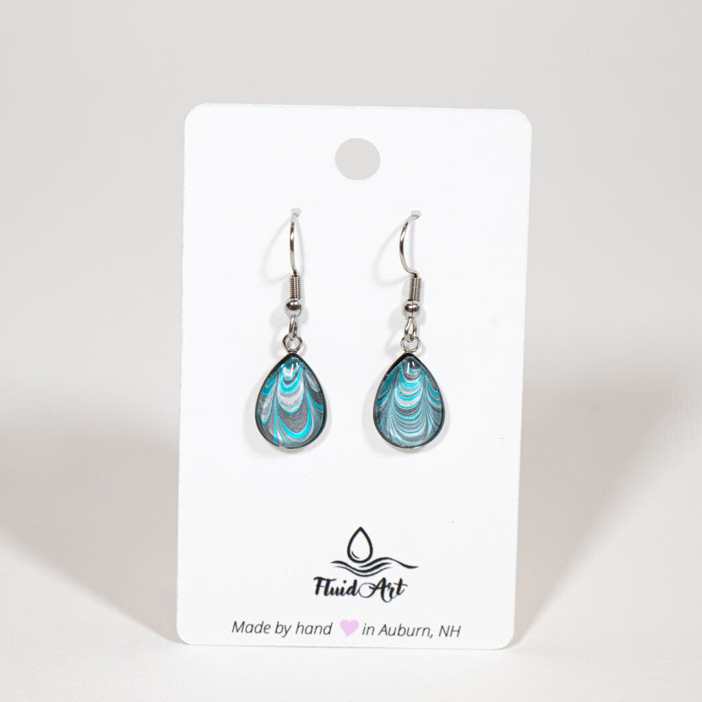 Drop 1 3/8 x 7/16" Drop Earrings - teal white grey on silver