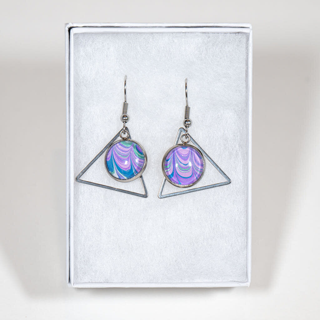 Round with triangle 1 1/2 x 7/8" Earrings - Gift Box - purple blue green