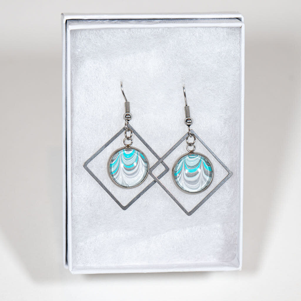 Round with diamond 1 1/2 x 1" Earrings - Gift Box - teal white gray