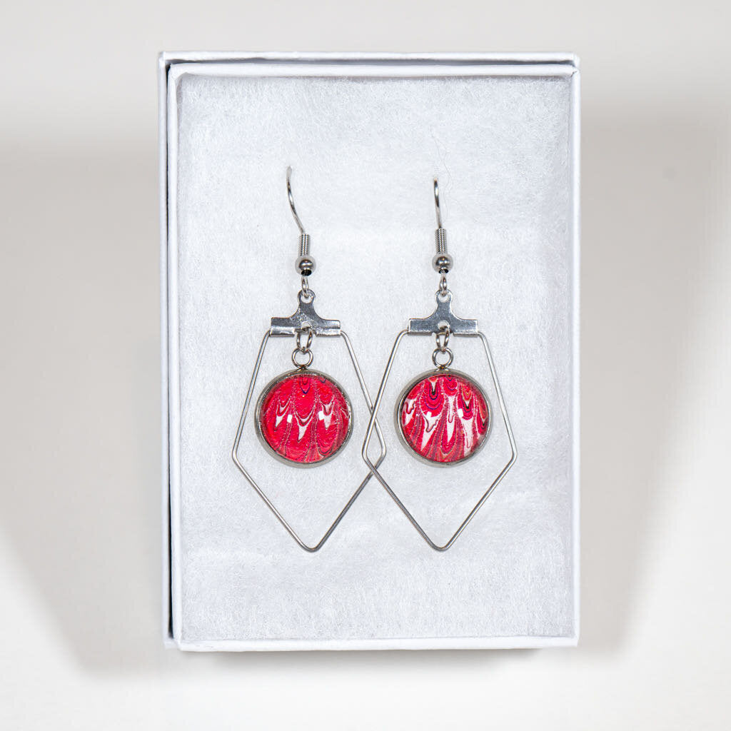 Round with shape 2 x 3/4" Earrings - Gift Box - red white black