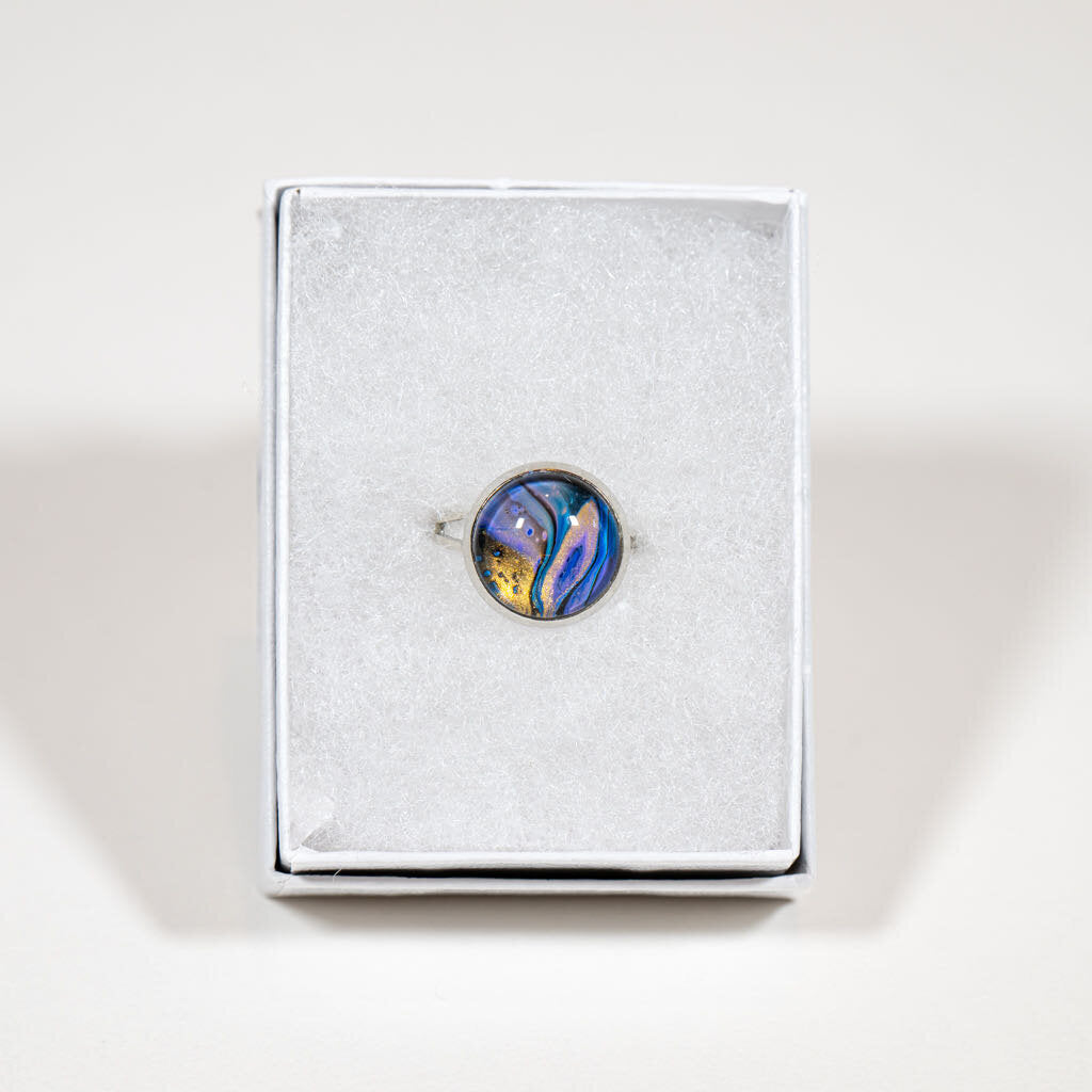 Adjustable Ring - Gift Box - 1/2" Blue gold on silver