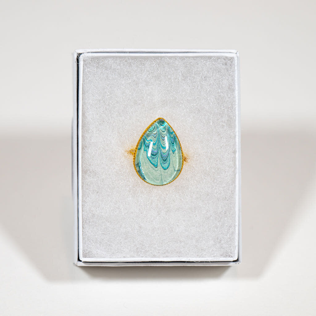 Adjustable Ring large Drop - Gift Box - 3/4" light green teal on gold