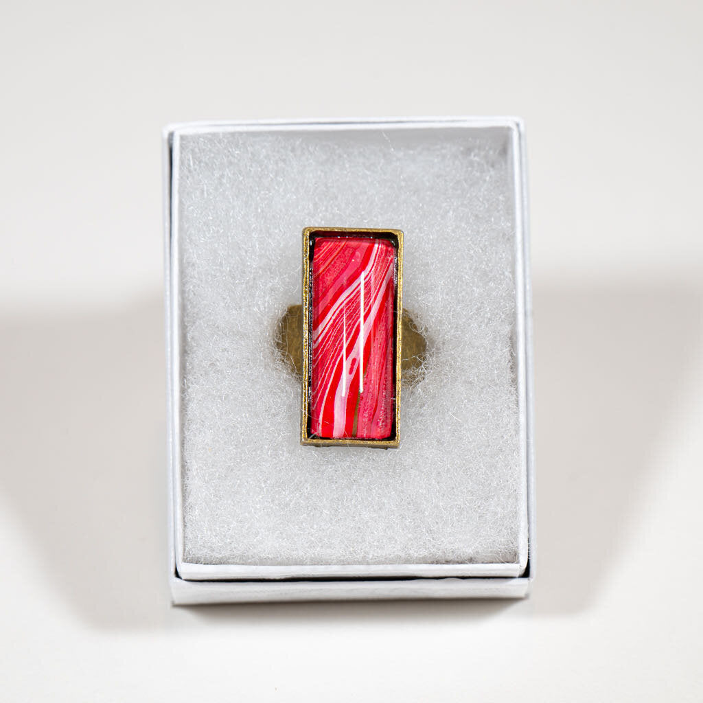 Adjustable Ring large rectangle - Gift Box - 1" red and white on copper