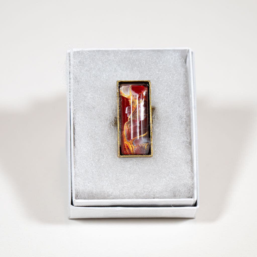 Adjustable Ring large rectangle - Gift Box - 1" Burgundy gold white on copper