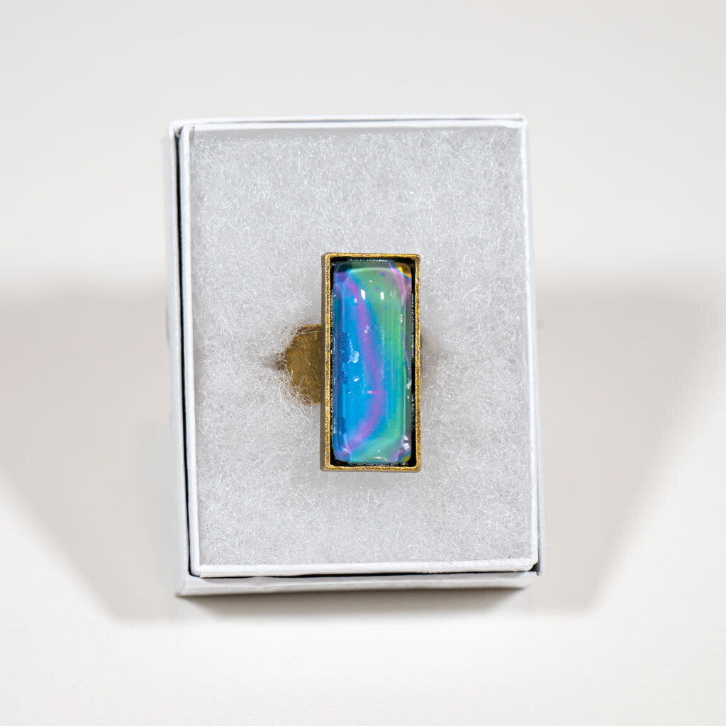 Adjustable Ring large rectangle - Gift Box - 1" Blue lavender green on copper
