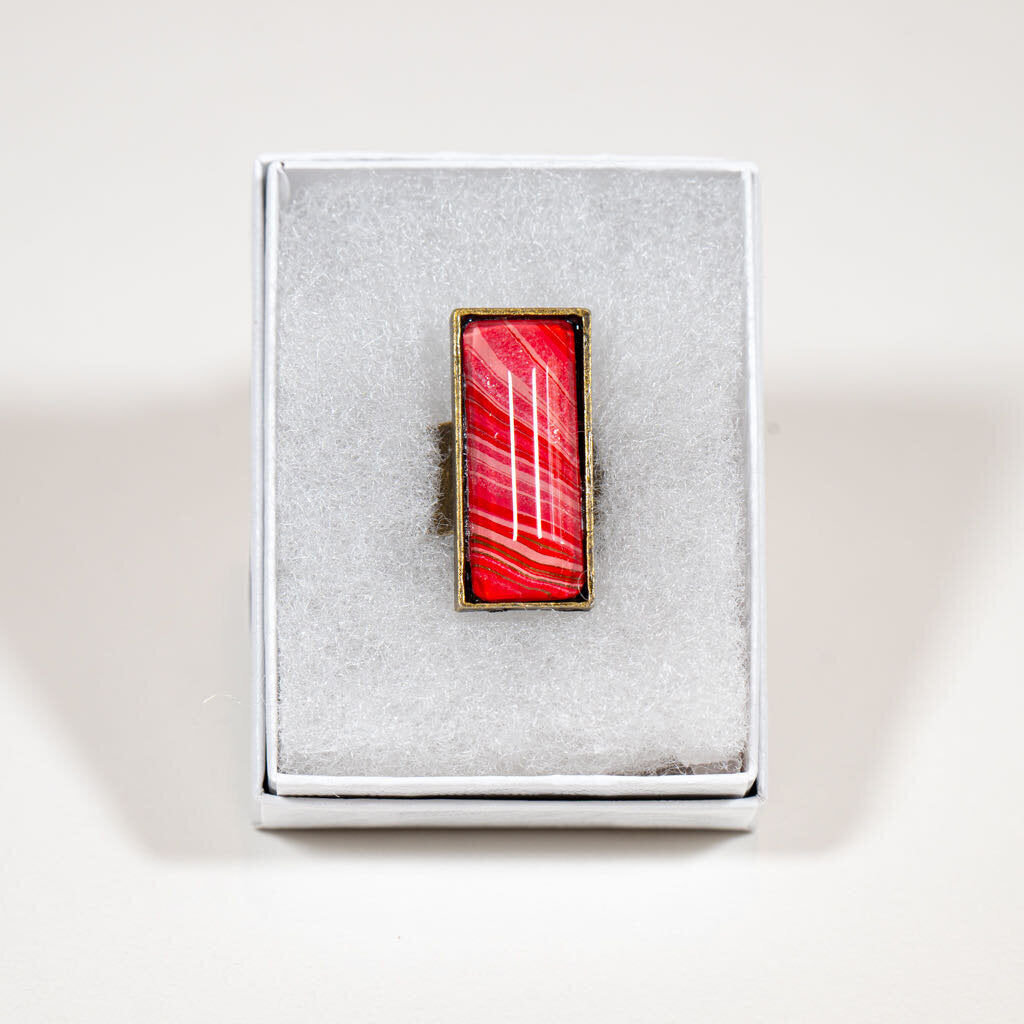 Adjustable Ring large rectangle - Gift Box - 1" red white on copper