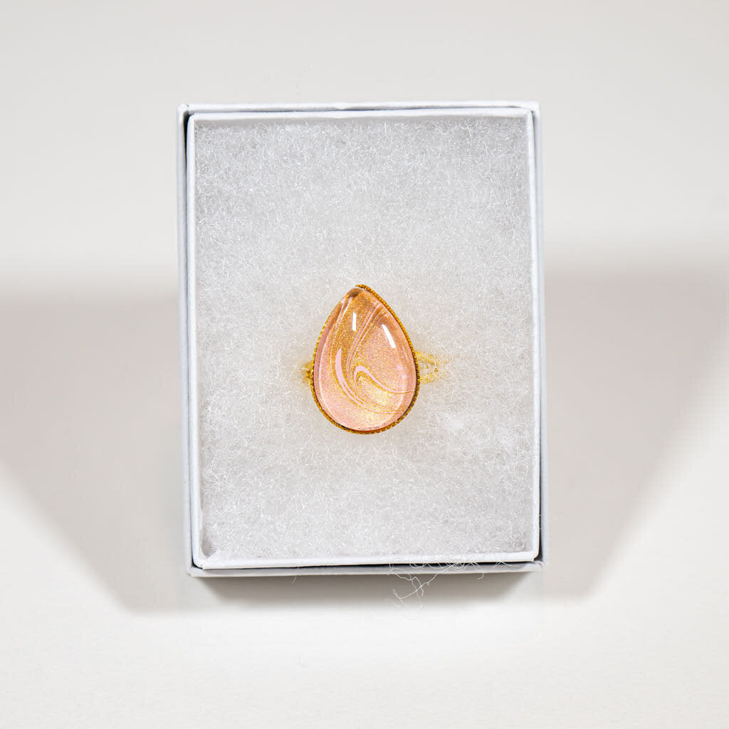 Adjustable Ring large Drop - Gift Box - 3/4" pink shimmer of gold on gold