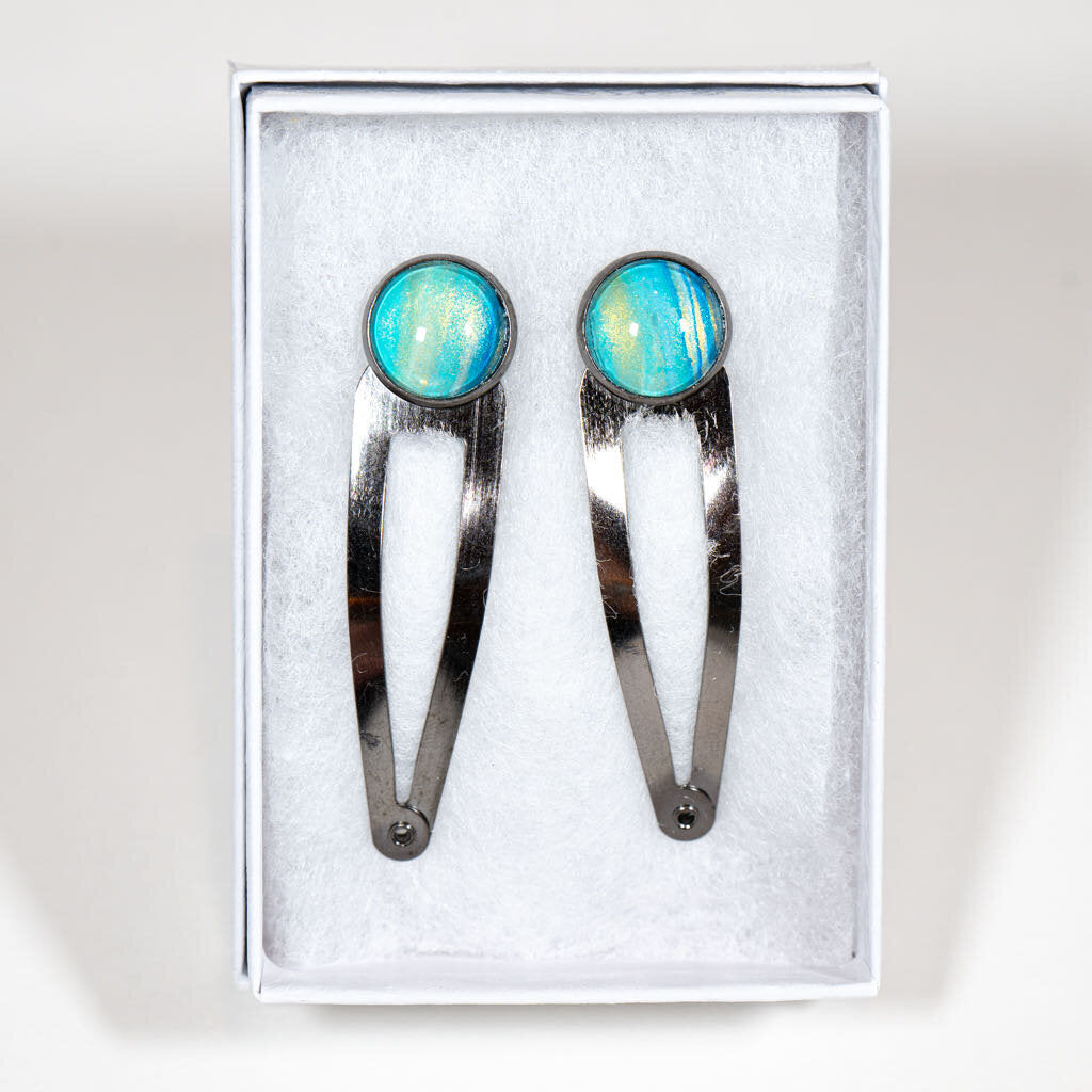 Set of 2 Hair Clips - gift box - dark clip, green blue