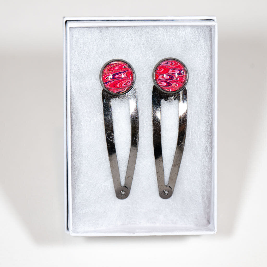 Set of 2 Hair Clips - gift box - dark clip, red black white