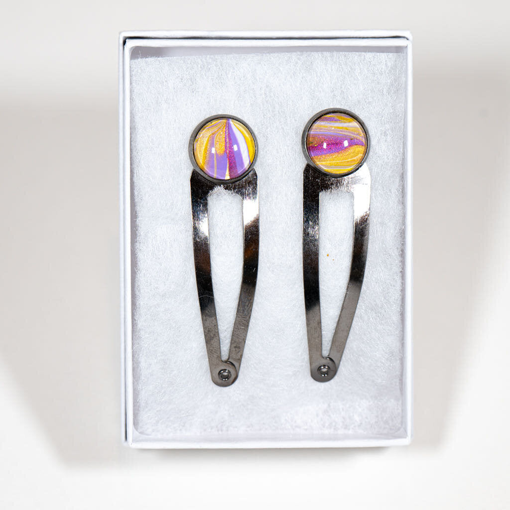 Set of 2 Hair Clips - gift box - dark clip, pink purple yellow