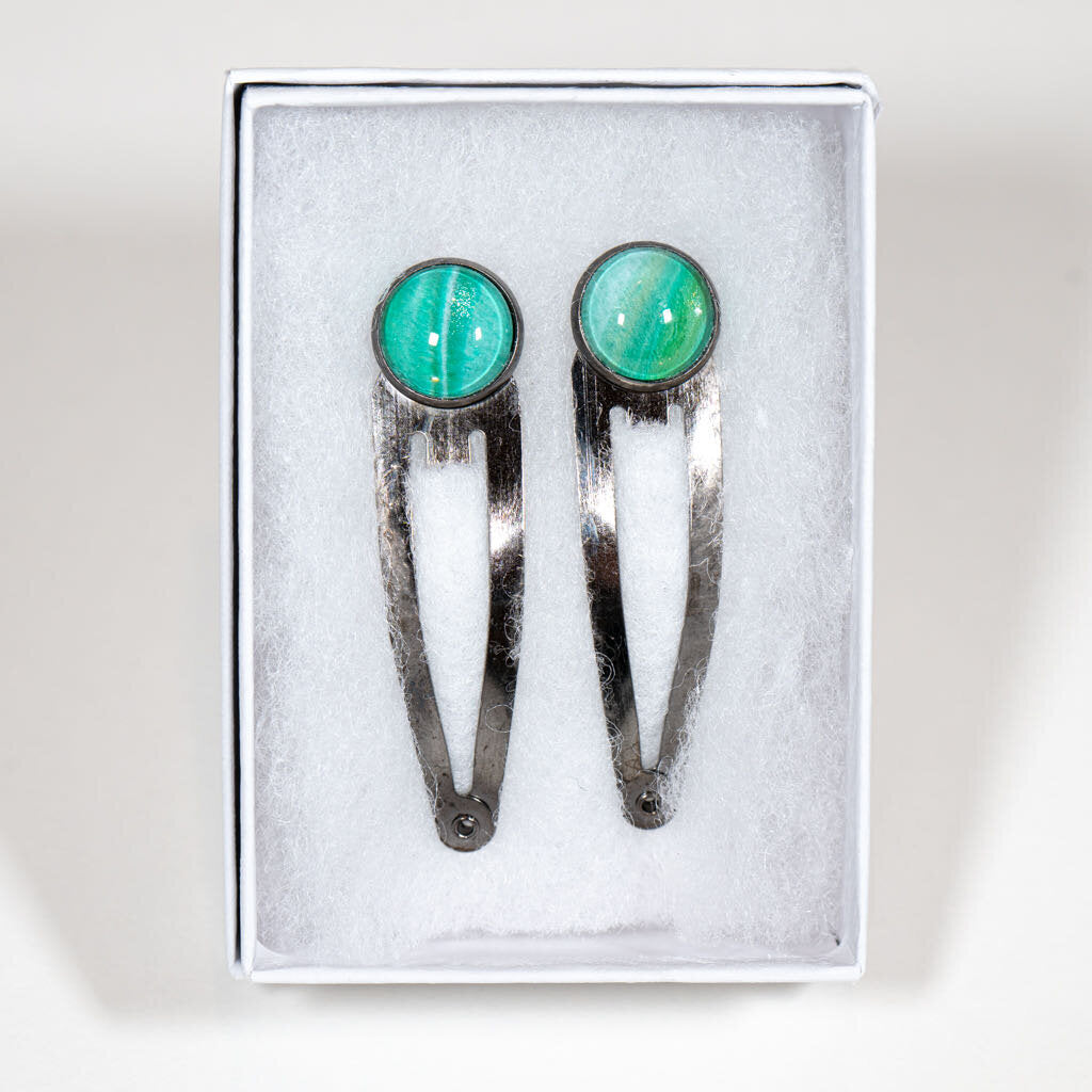 Set of 2 Hair Clips - gift box - dark clip, greens