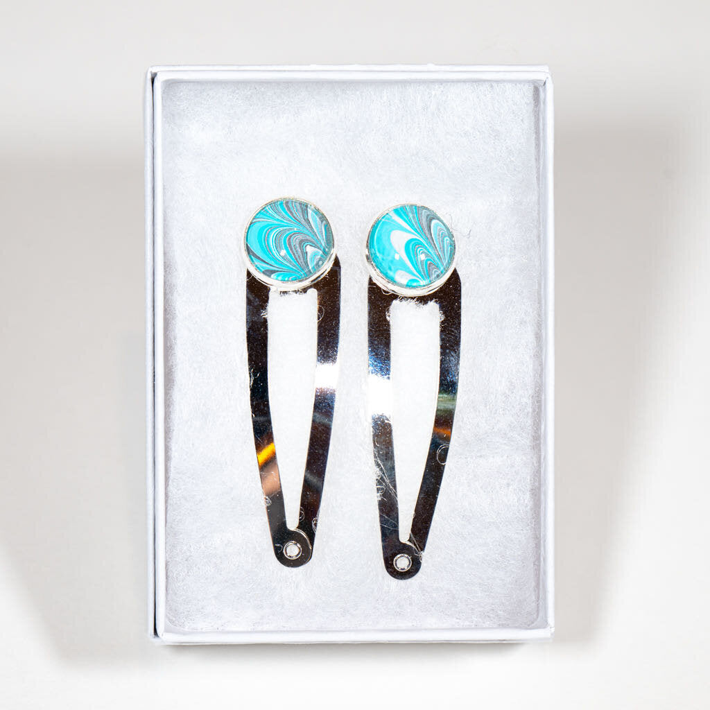 Set of 2 Hair Clips - gift box - light silver clip, teal blue