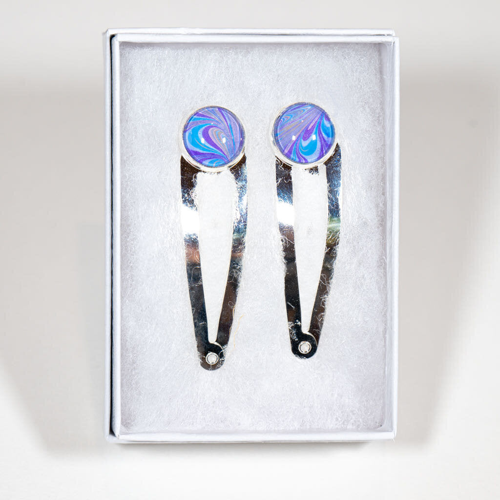 Set of 2 Hair Clips - gift box - light silver clip, lavender blue