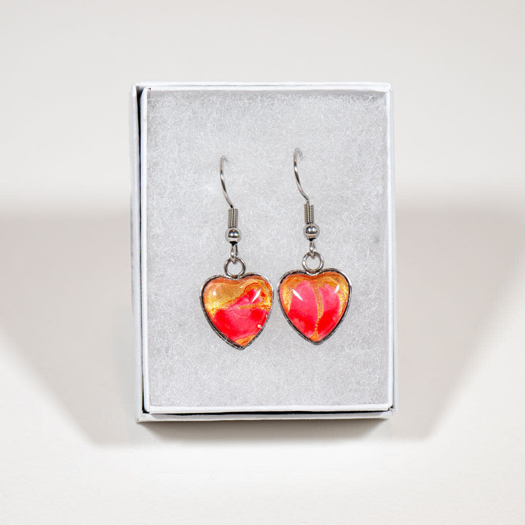 Heart Drop Earrings - red gold - on silver