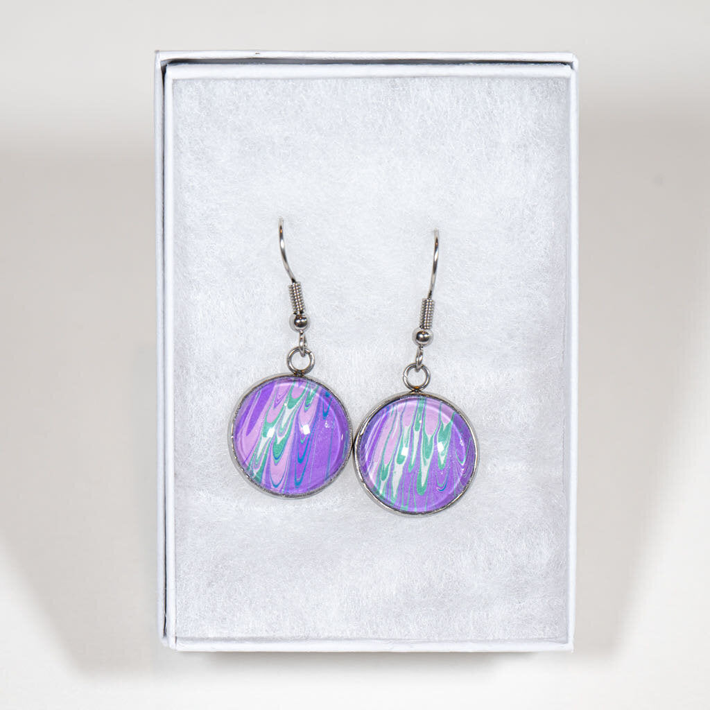 Round Drop Earrings - lavender green white - on silver