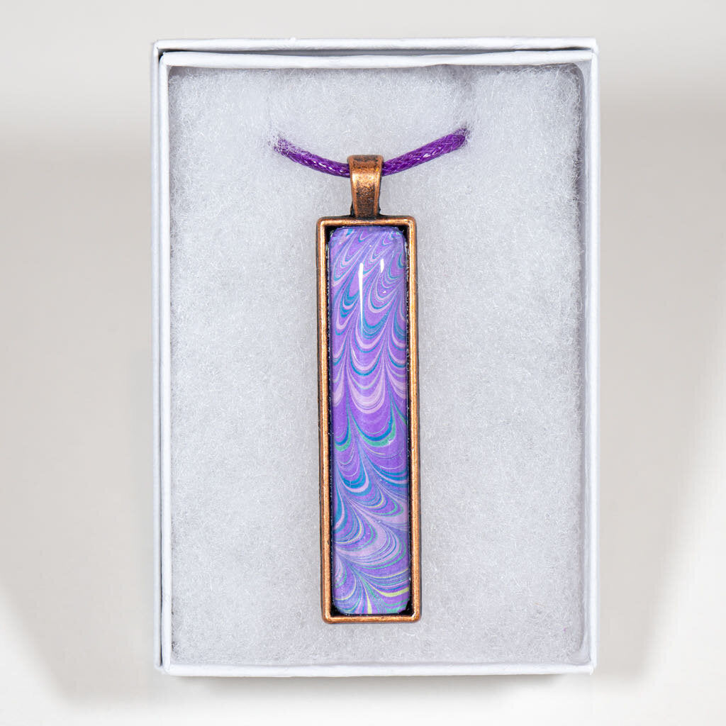 Rectangle Pendant - Gift Box - lavender cord, lavender art, on copper