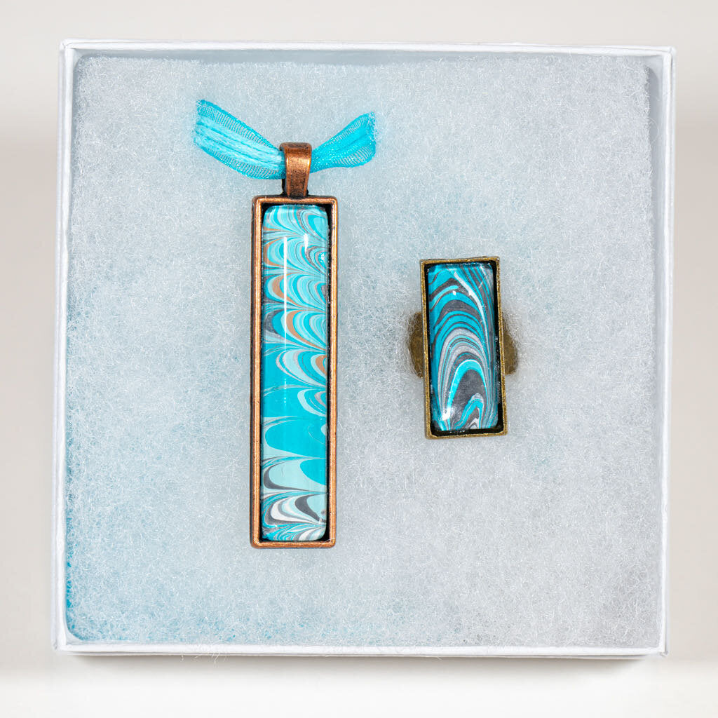 Gift Set - Pendant, Lg rectangle ring - teal white gray