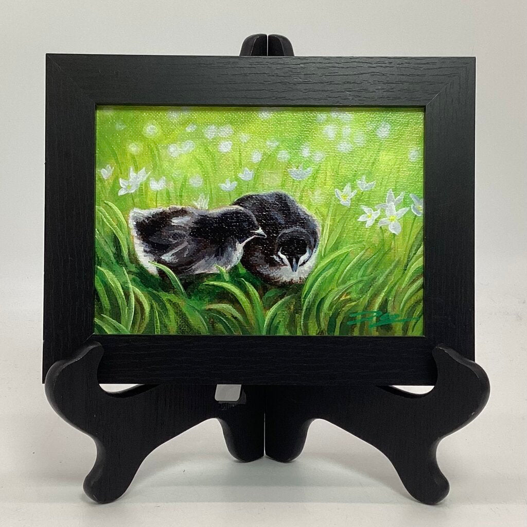 Chicks in Bluets - Original Acrylic Painting, Framed and Ready to Hang