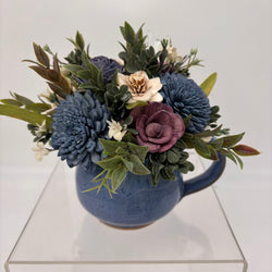 Blue Cup filled with Blue, Purple and White Sola Wood Flowers - view 1