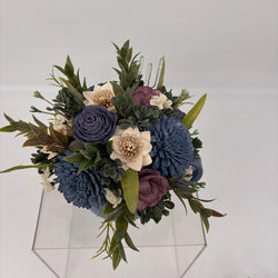 Blue Cup filled with Blue, Purple and White Sola Wood Flowers - view 2