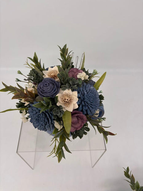 Blue Cup filled with Blue, Purple and White Sola Wood Flowers