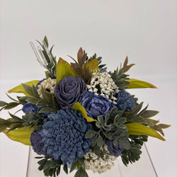 Blue Cup filled with Blue Sola Wood Flowers and White Accents - view 2