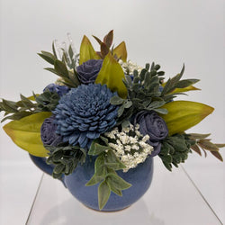 Blue Cup filled with Blue Sola Wood Flowers and White Accents - view 1