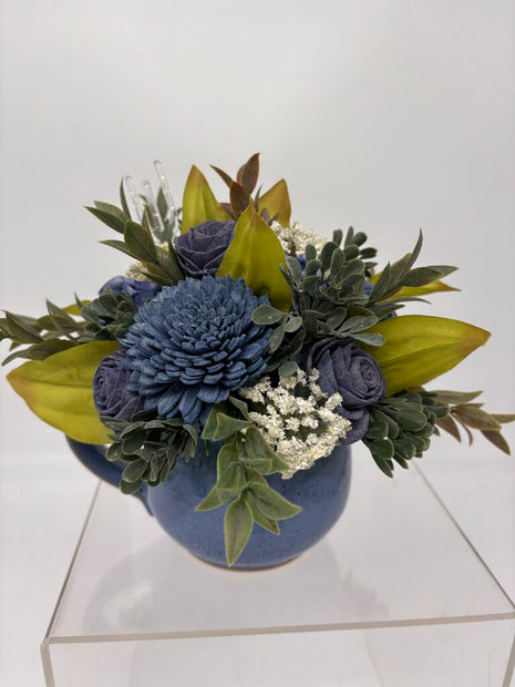 Blue Cup filled with Blue Sola Wood Flowers and White Accents