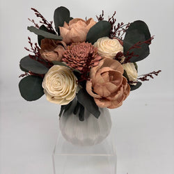 White Vase Filled with Mauve and Cream Sola Wood Flowers and Preserved Eucalyptus - view 1