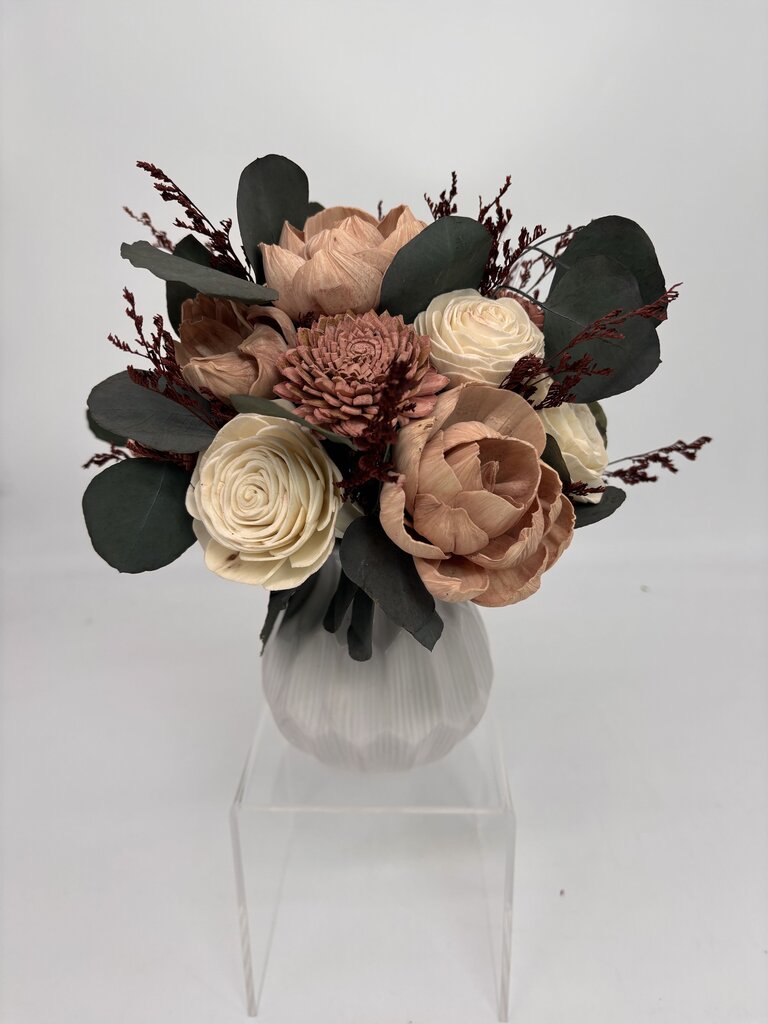 White Vase Filled with Mauve and Cream Sola Wood Flowers and Preserved Eucalyptus