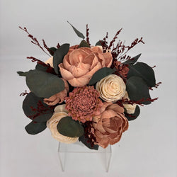 White Vase Filled with Mauve and Cream Sola Wood Flowers and Preserved Eucalyptus - view 2
