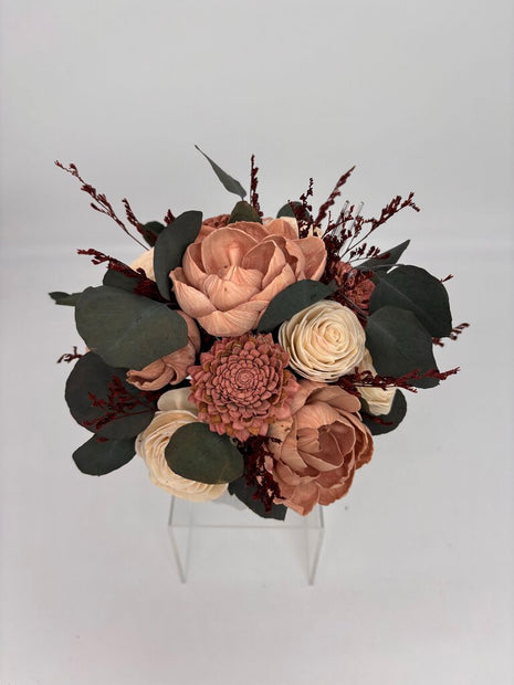 White Vase Filled with Mauve and Cream Sola Wood Flowers and Preserved Eucalyptus