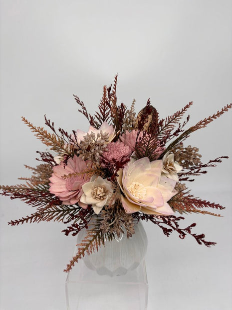 White Vase Filled with Muted Pink and Cream Sola Wood Flowers