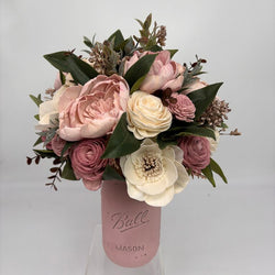 Large Pink Mason Jar filled with Muted Pink and White Sola Wood Flowers - view 2