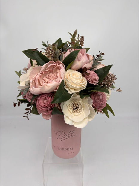 Large Pink Mason Jar filled with Muted Pink and White Sola Wood Flowers