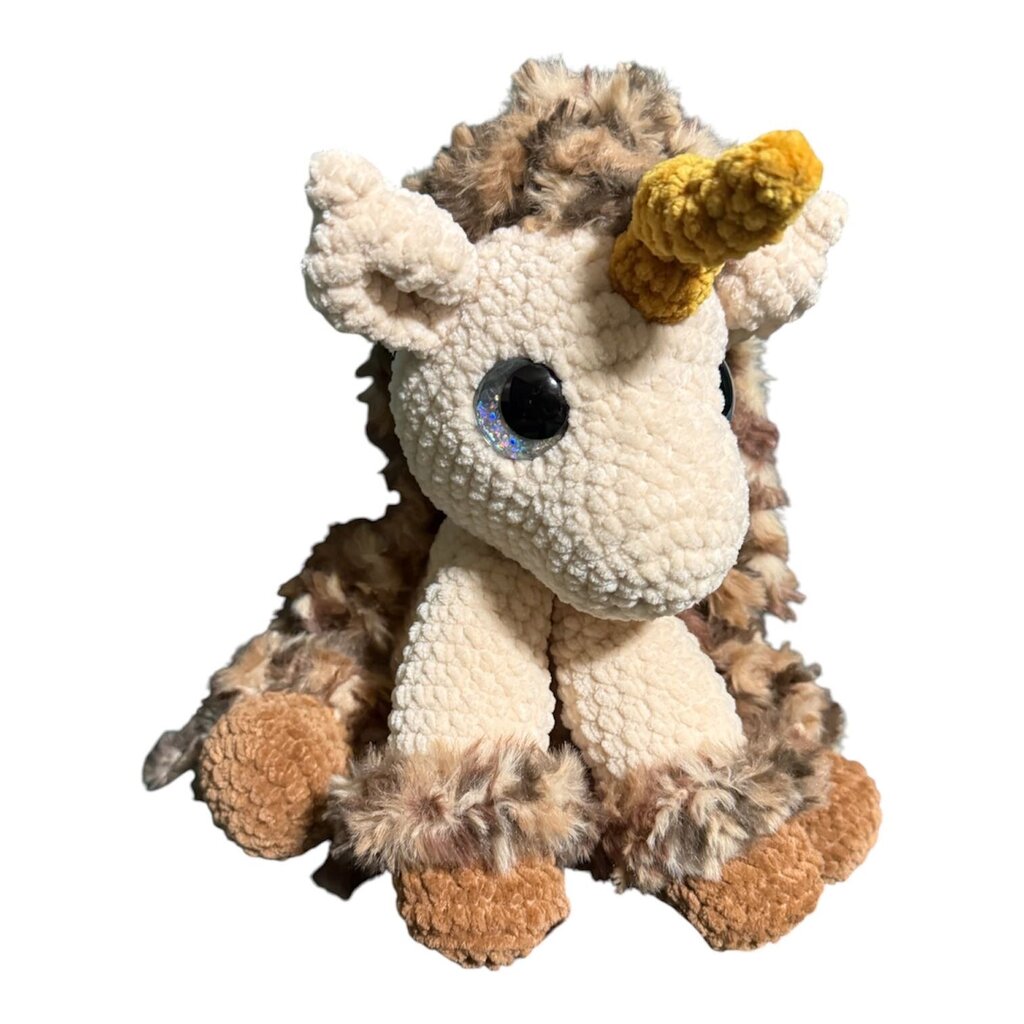 Crocheted "cocoa" sitting fur maned unicorn plush