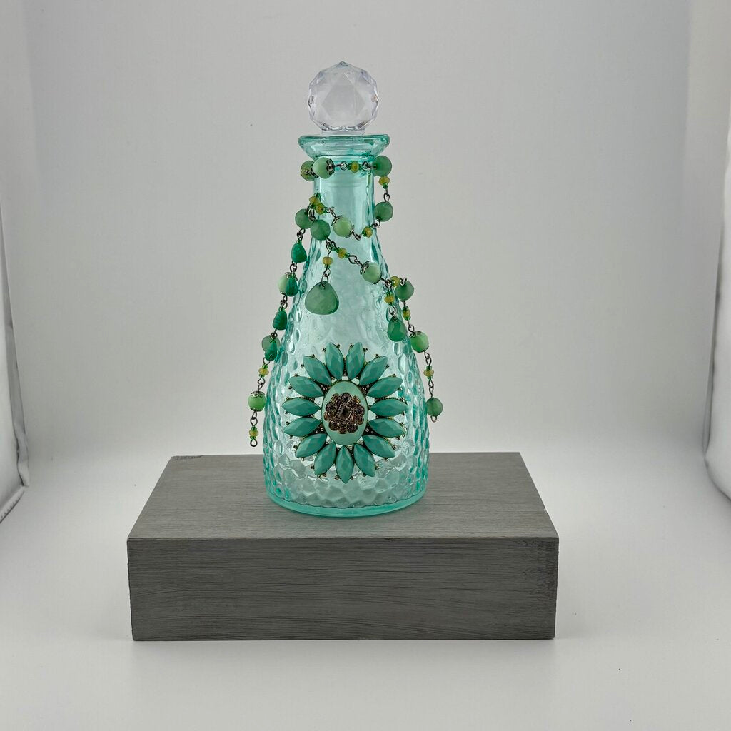 Teal glass bottle 8in w/ vtg teal beads & jewelry