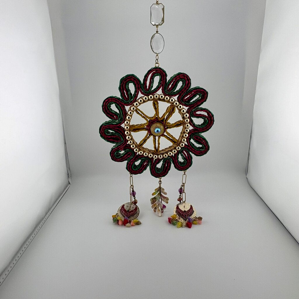 HANGING VTG RAFFIA decotated w/lots of vtg jewelry